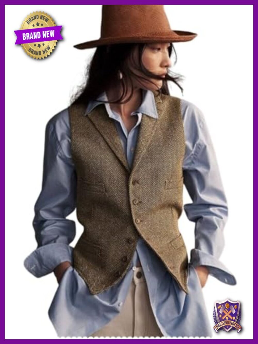 Herringbone Tweed Wool Blend Waistcoat Vest Sleeveless Lapel V-Neck